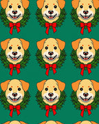 Golden Dog Wreath Red Bow Christmas Rug