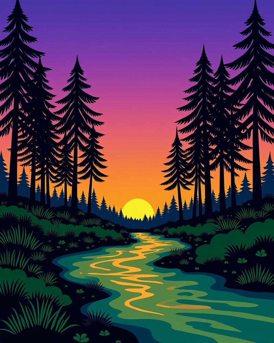 Forest Stream Under Sunset Gradient Sky Rug