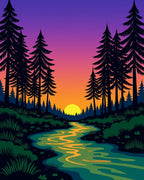 Forest Stream Under Sunset Gradient Sky Rug