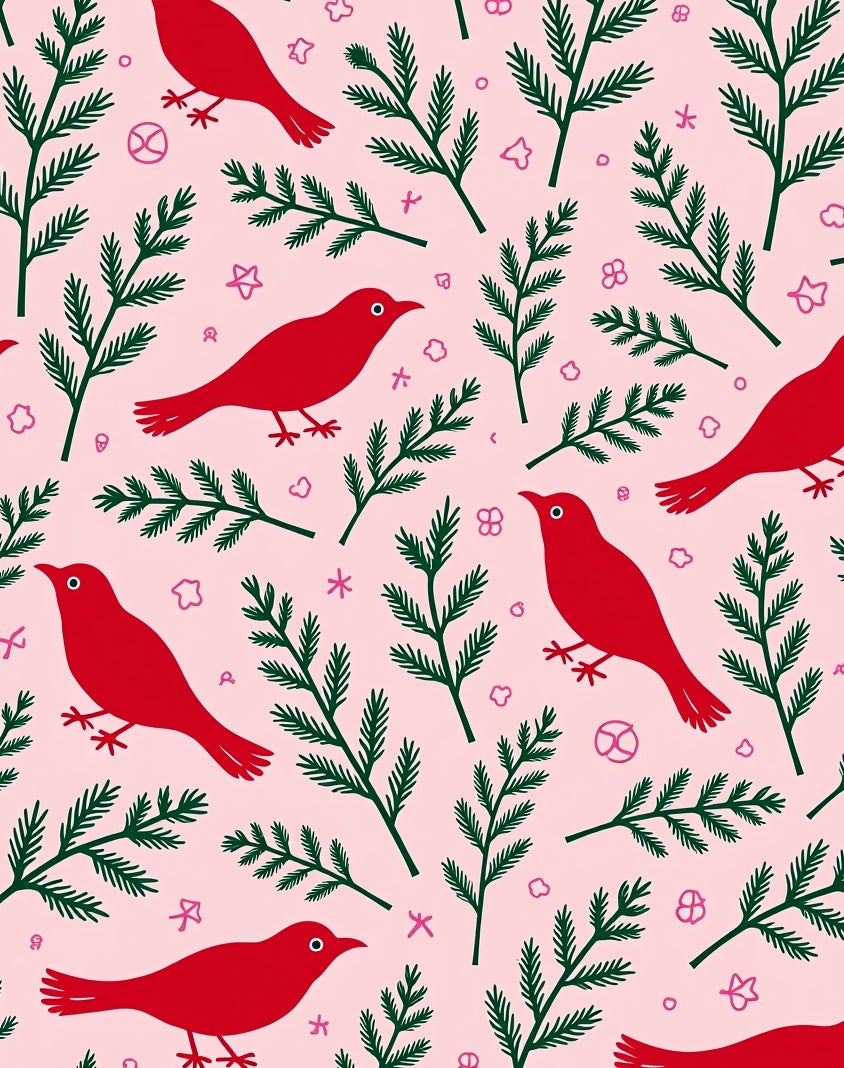 Red Birds Green Foliage Pink Background Rug