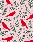 Red Birds Green Foliage Pink Background Rug