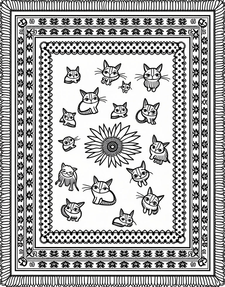 Whimsical Cat Cartoon Sunburst Border Rug