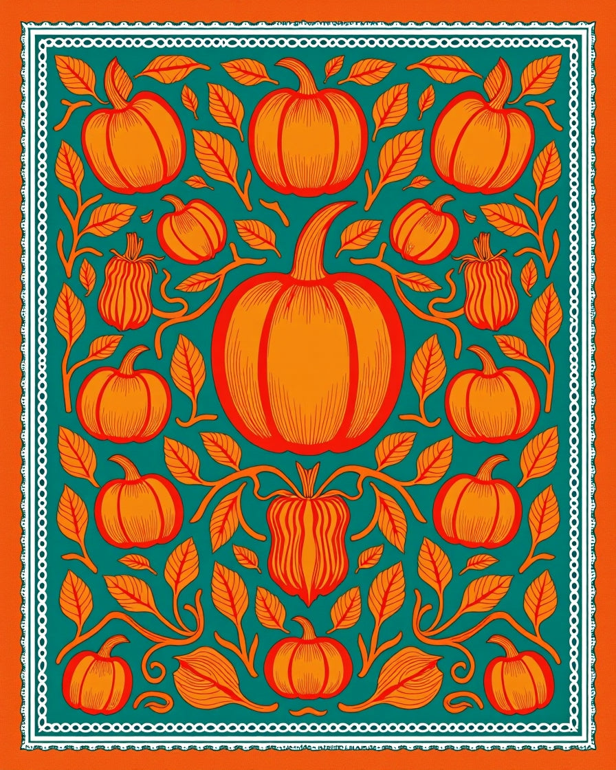Orange Pumpkin Swirl Teal Vine Rug