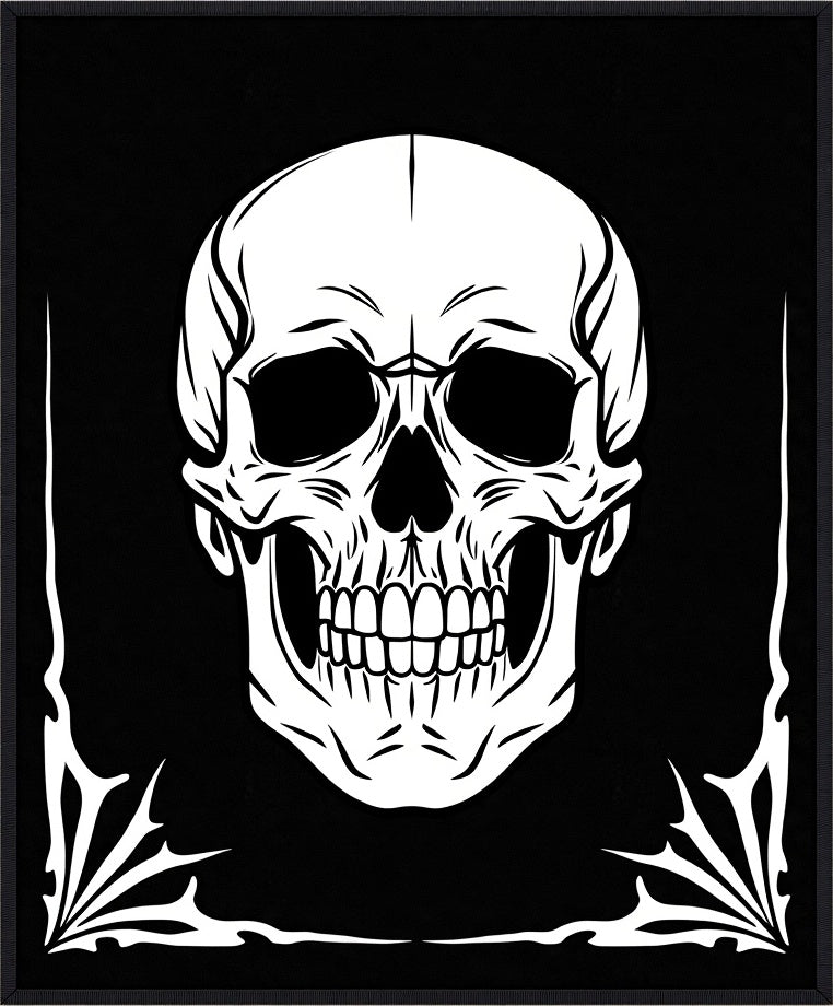 Monochromatic White Skull Graphic Black Rug