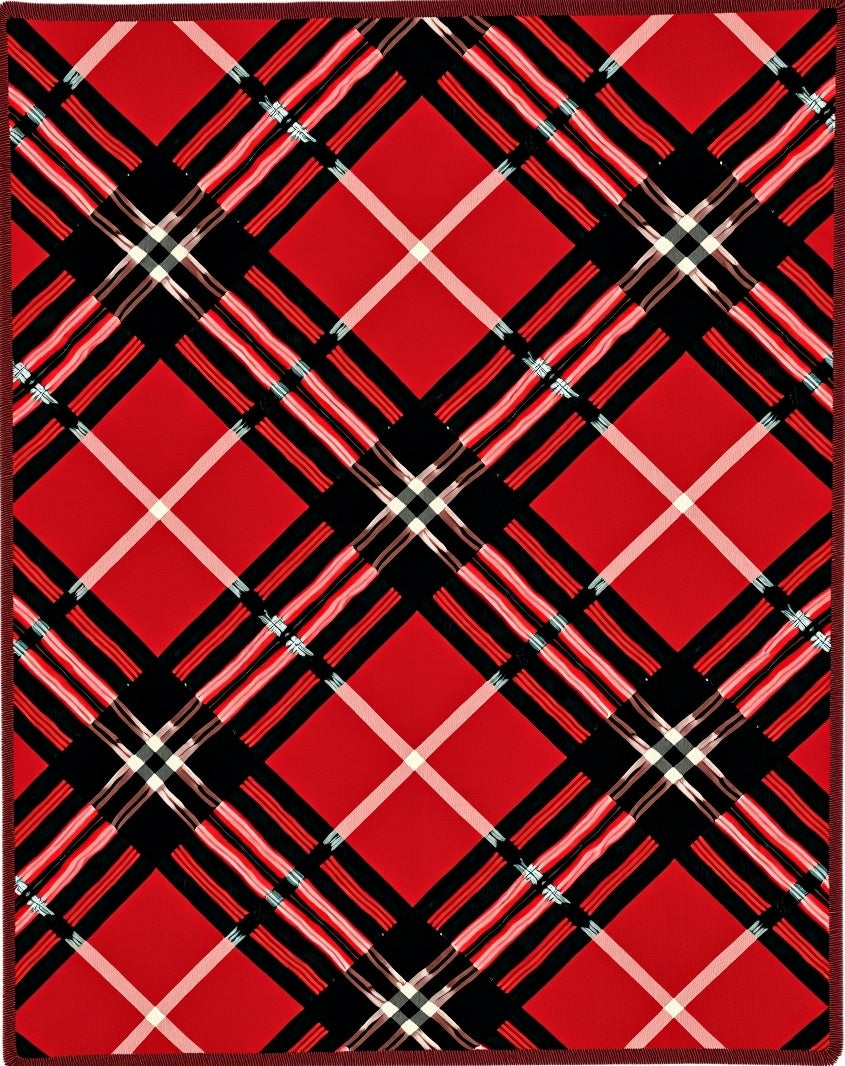 Crimson Black Plaid Diagonal Weave Rug