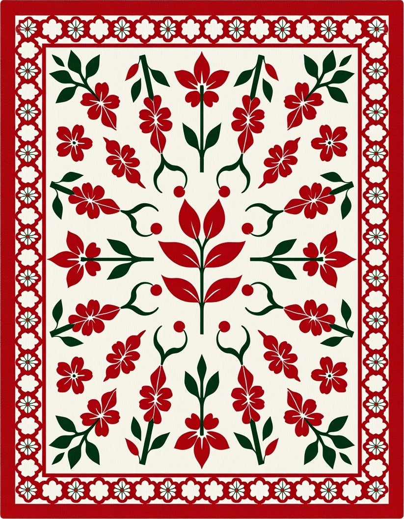 Red White Floral Border Arrangement Rug
