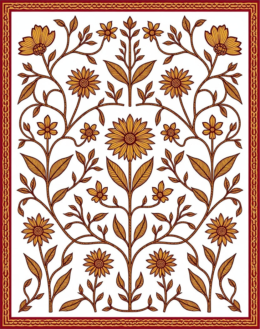 Golden Sunburst Floral Lattice Border Rug