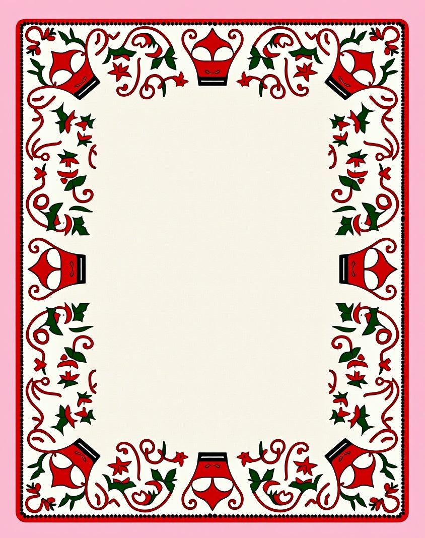 Whimsical Red Green Crown Floral Border Rug