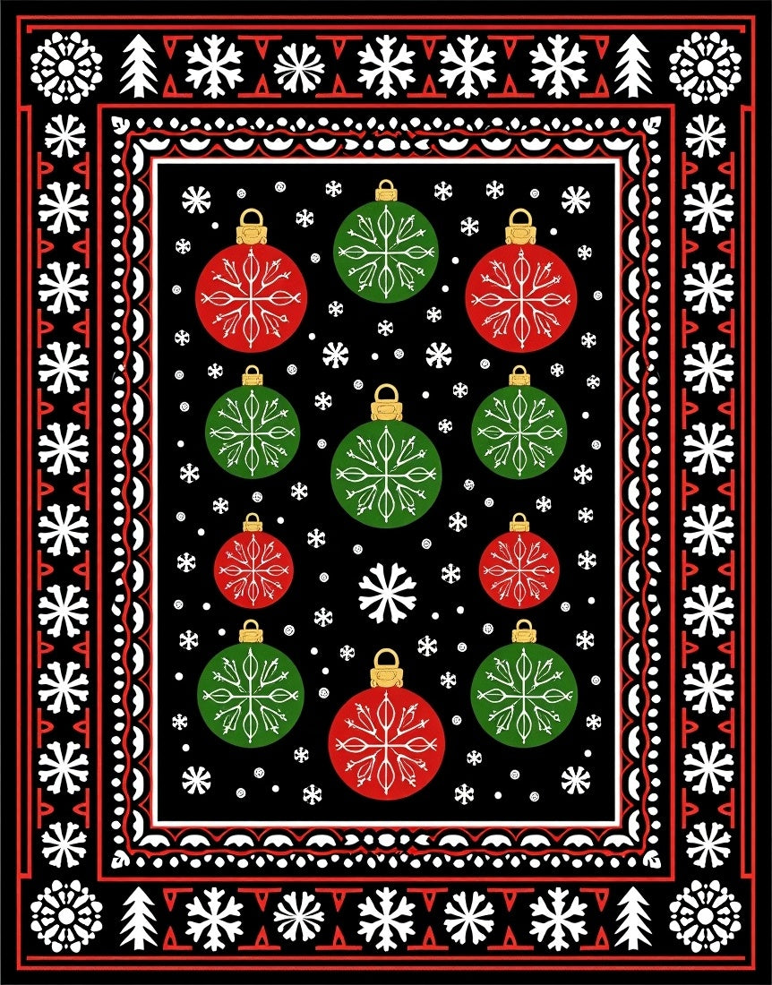 Festive Red Green Ornaments Snowflake Border Rug