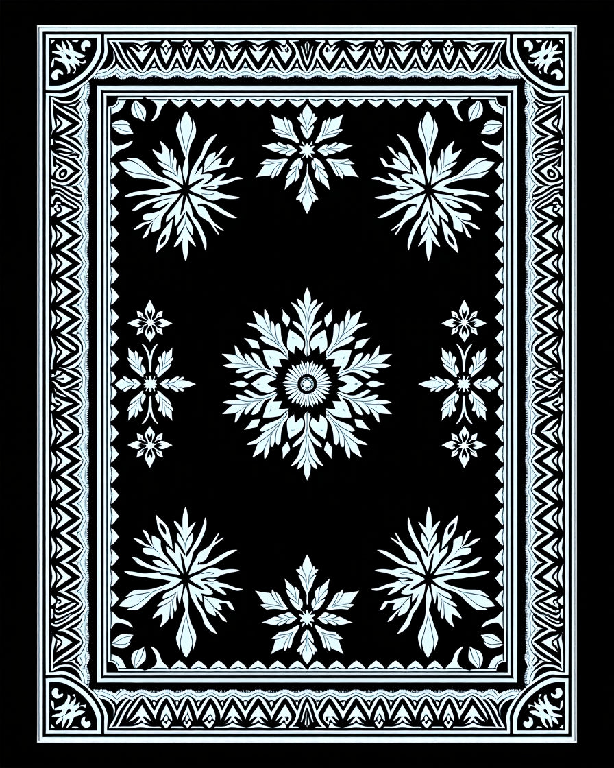 Light Blue Snowflake Medallion Border Rug