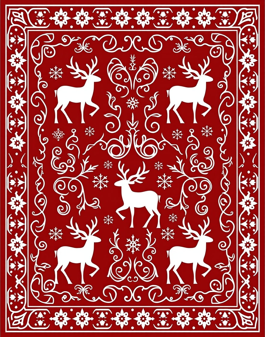 Crimson Reindeer Snowflake Border Rug