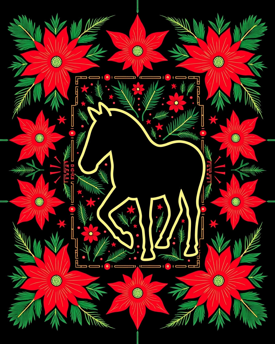 Golden Silhouette Horse Red Poinsettia Garland Rug