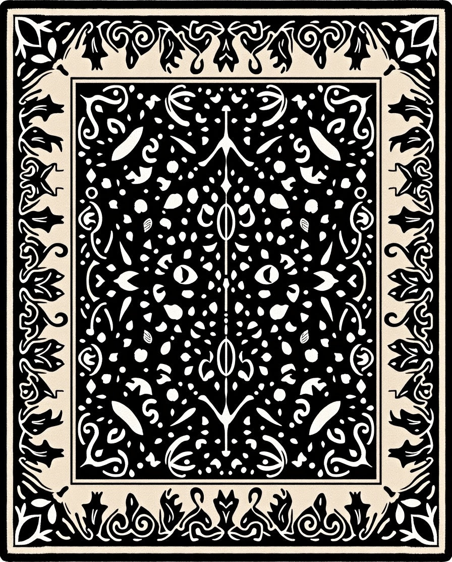 Black cream organic scrollwork medallion Rug