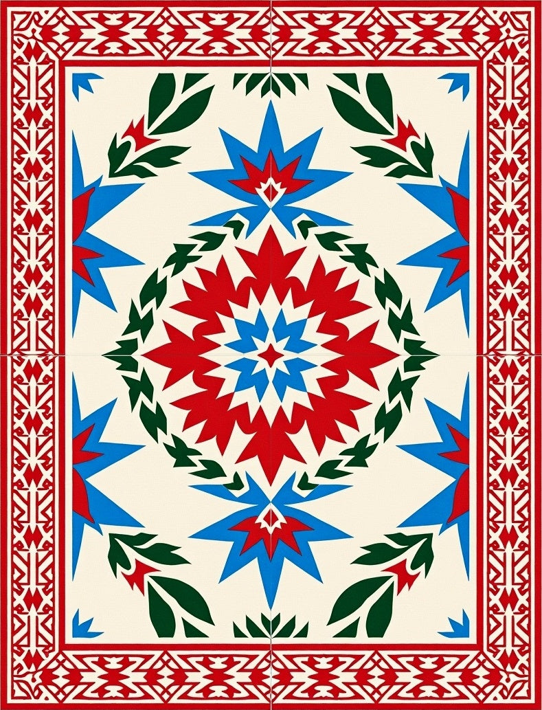 Bold Red Blue Starburst Garden Rug