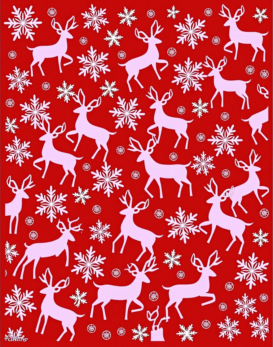 Pink Deer Snowflakes Red Christmas Rug