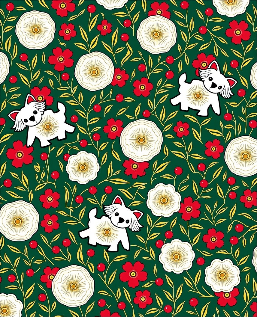 Whimsical White Dog Red Floral Garden Rug