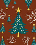 Teal Christmas Trees Yellow Stars Brown Background Rug