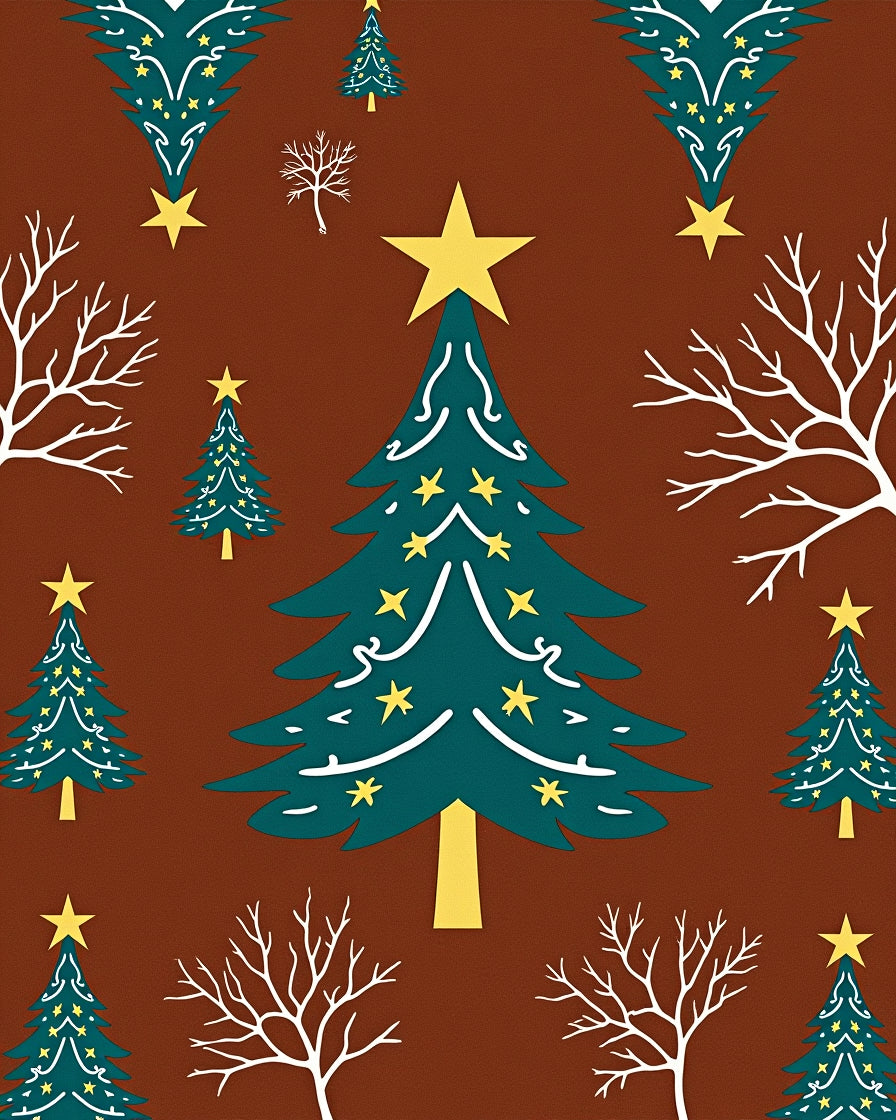 Teal Christmas Trees Yellow Stars Brown Background Rug