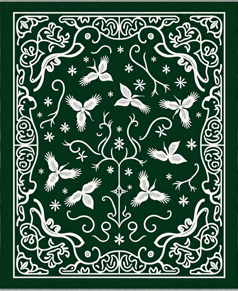 Deep Forest White Floral Bird Art Rug