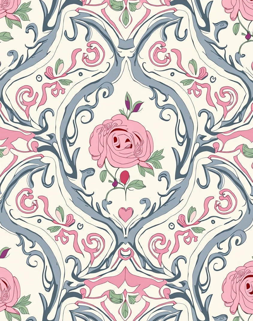 Art Nouveau Pink Rose Floral Scroll Rug