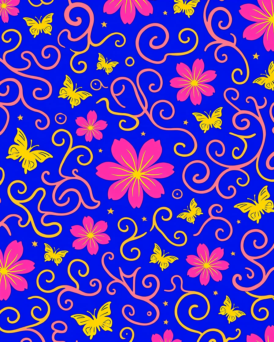 Vibrant Pink Yellow Butterfly Floral Swirls Rug