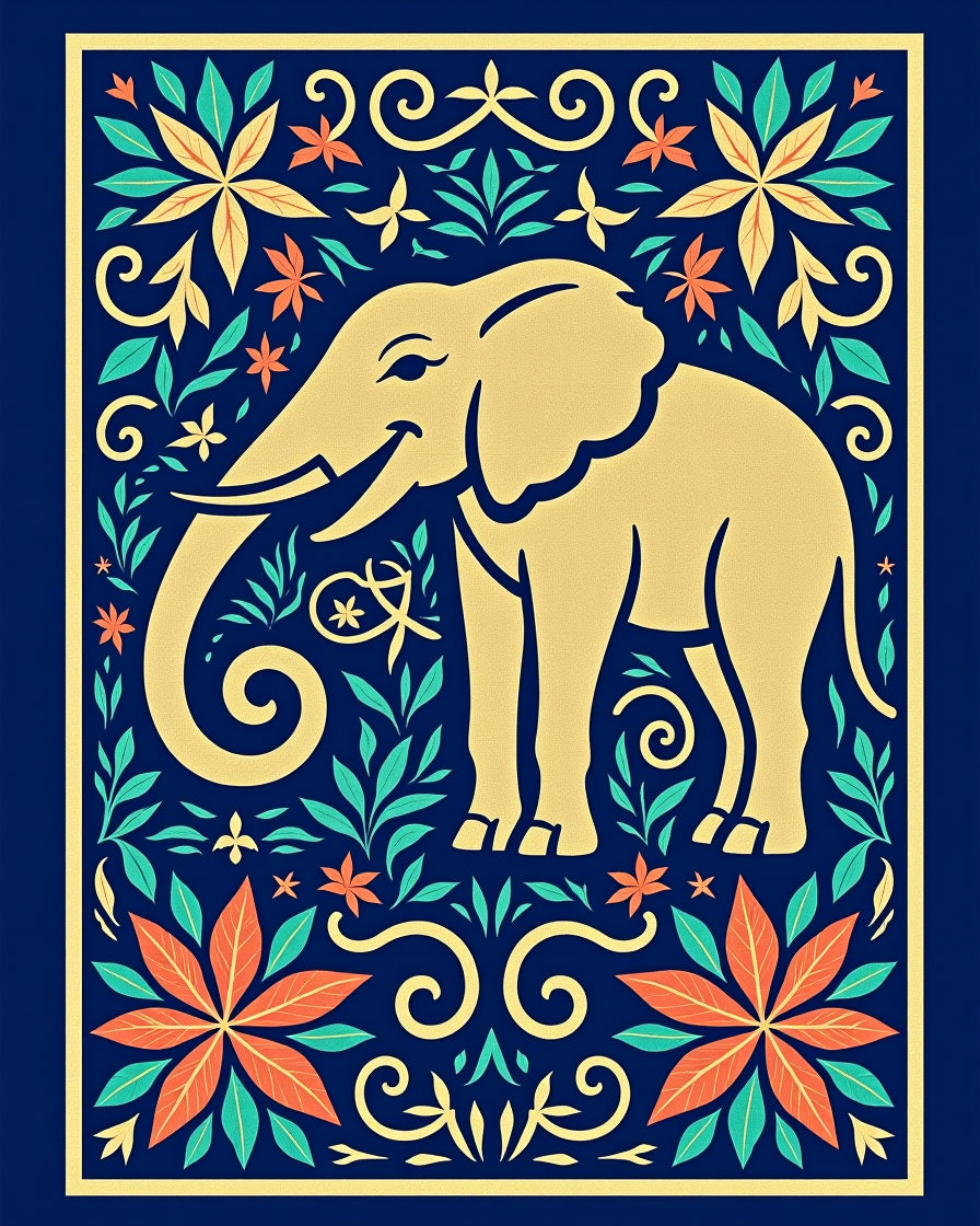 Golden Elephant with Floral Surroundings Rug
