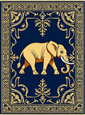 Golden Elephant Navy Blue Border Rug