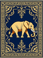 Golden Elephant Navy Blue Border Rug