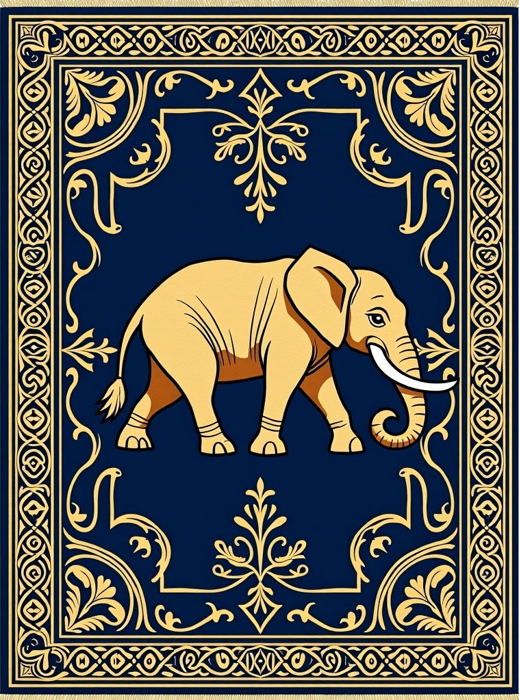 Golden Elephant Navy Blue Border Rug