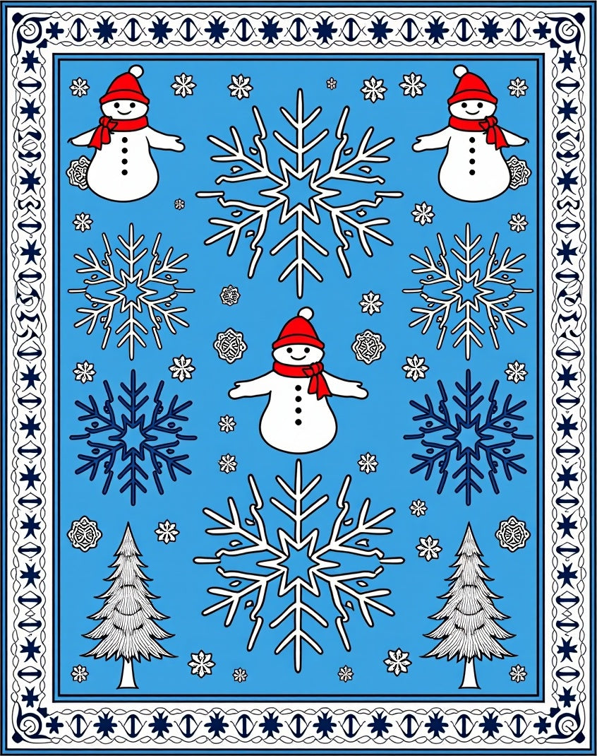 Blue Snowman Snowflake Evergreen Tree Rug