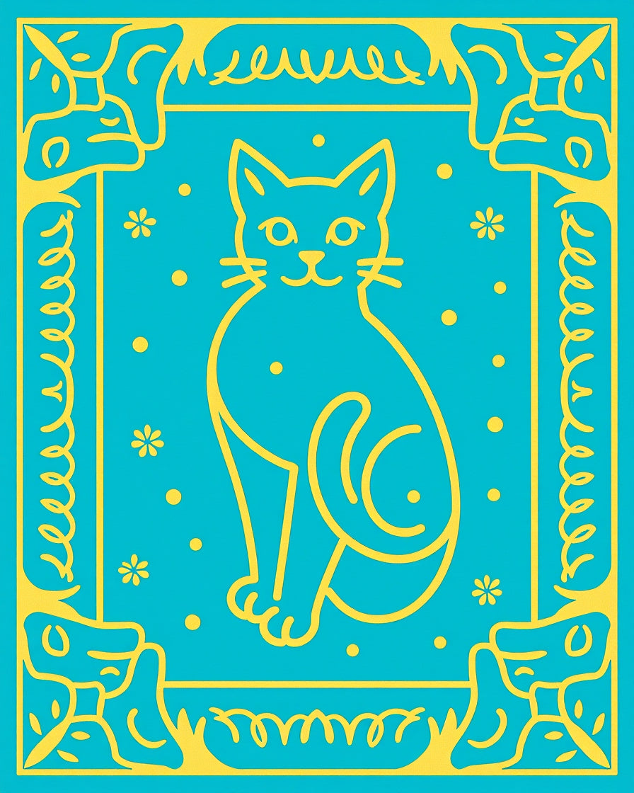 Whimsical Yellow Cat Blue Folk Art Rug
