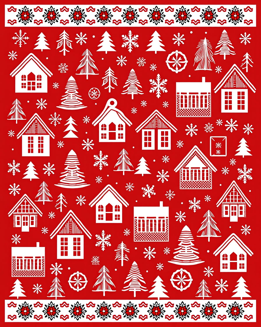 White Houses And Pine Trees Red Rug