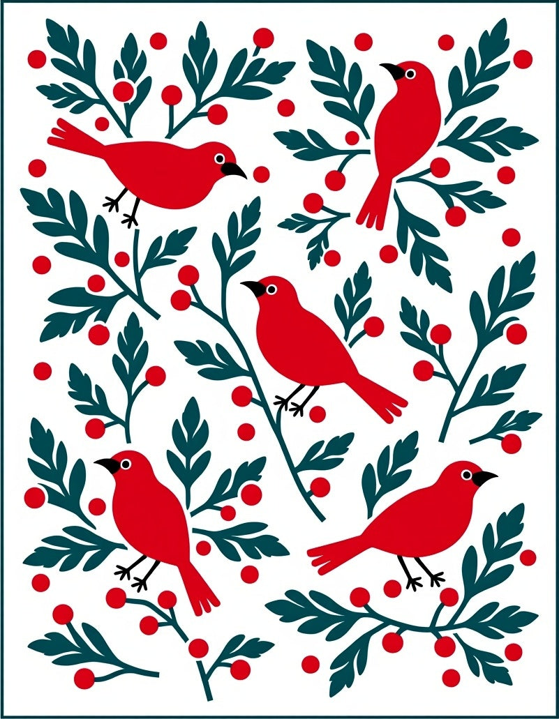 Red Birds Berry Branch Whimsical Folk Rug