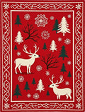 Red White Winter Deer Forest Scene Rug