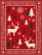 Red White Winter Deer Forest Scene Rug