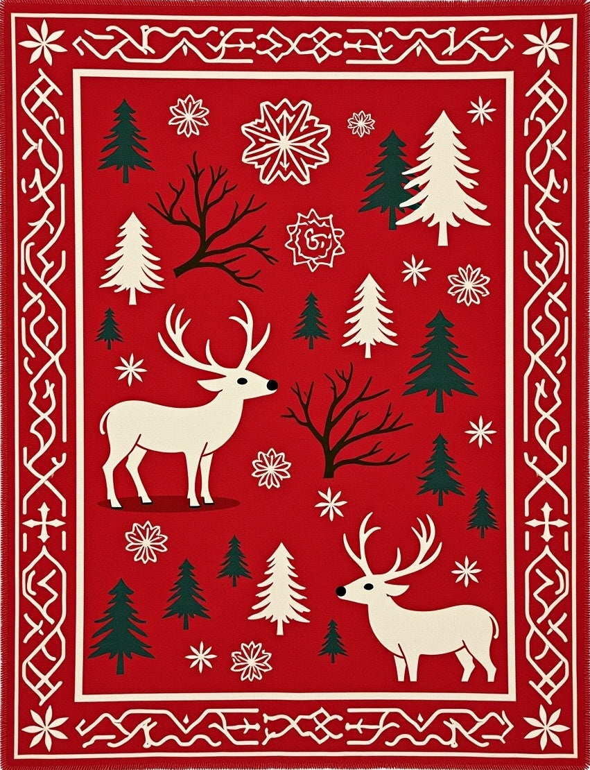 Red White Winter Deer Forest Scene Rug