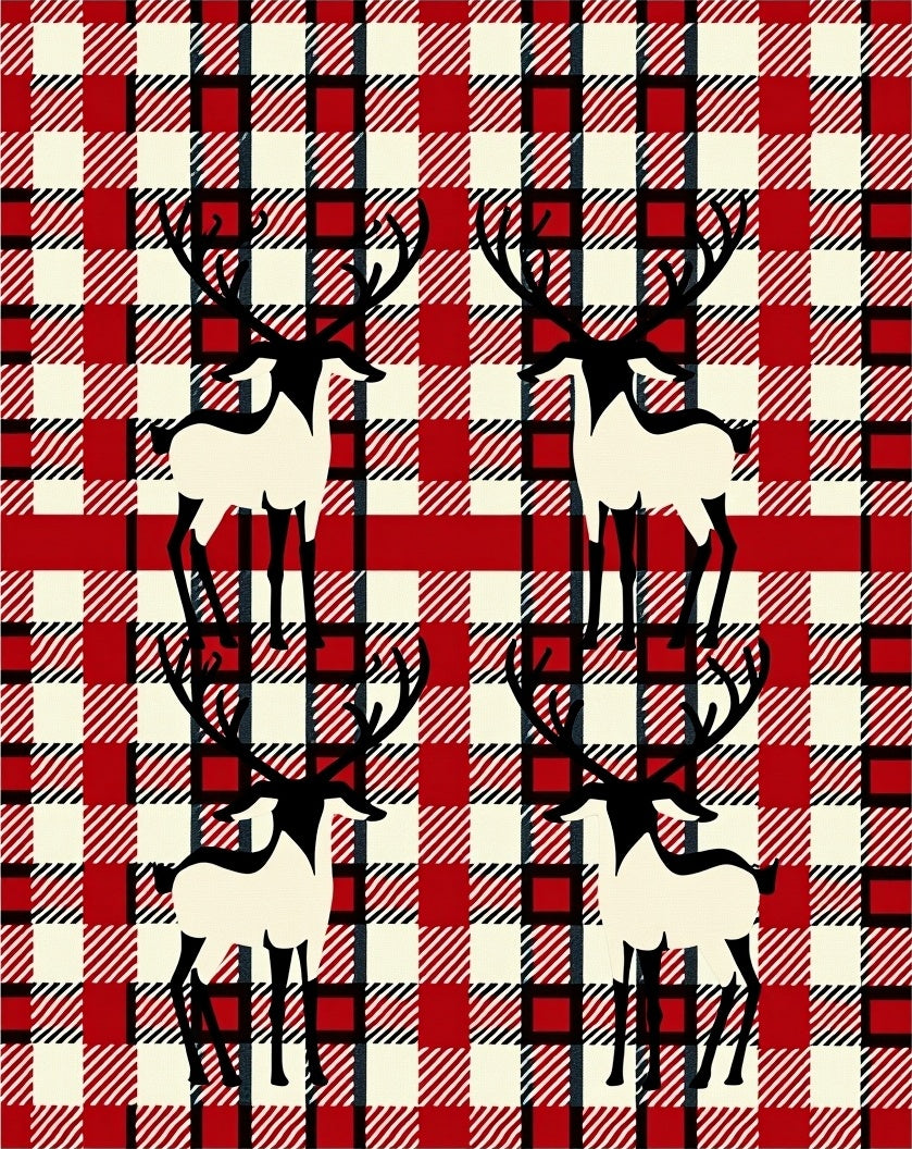 Red Black Cream Plaid Deer Collage Rug
