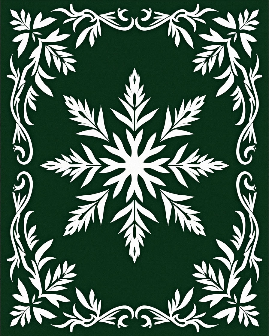 Forest Green Snowflake Floral Border Rug