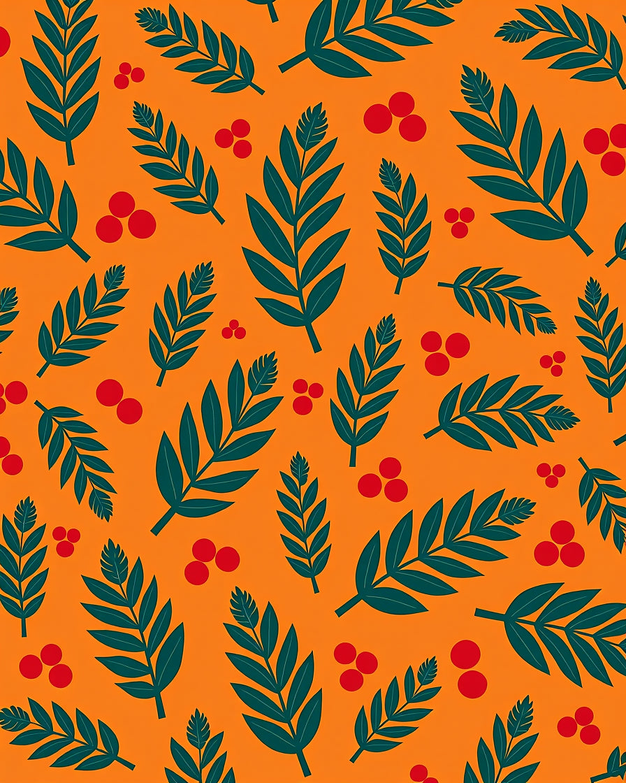 Dark Teal Leaf Berry Orange Rug