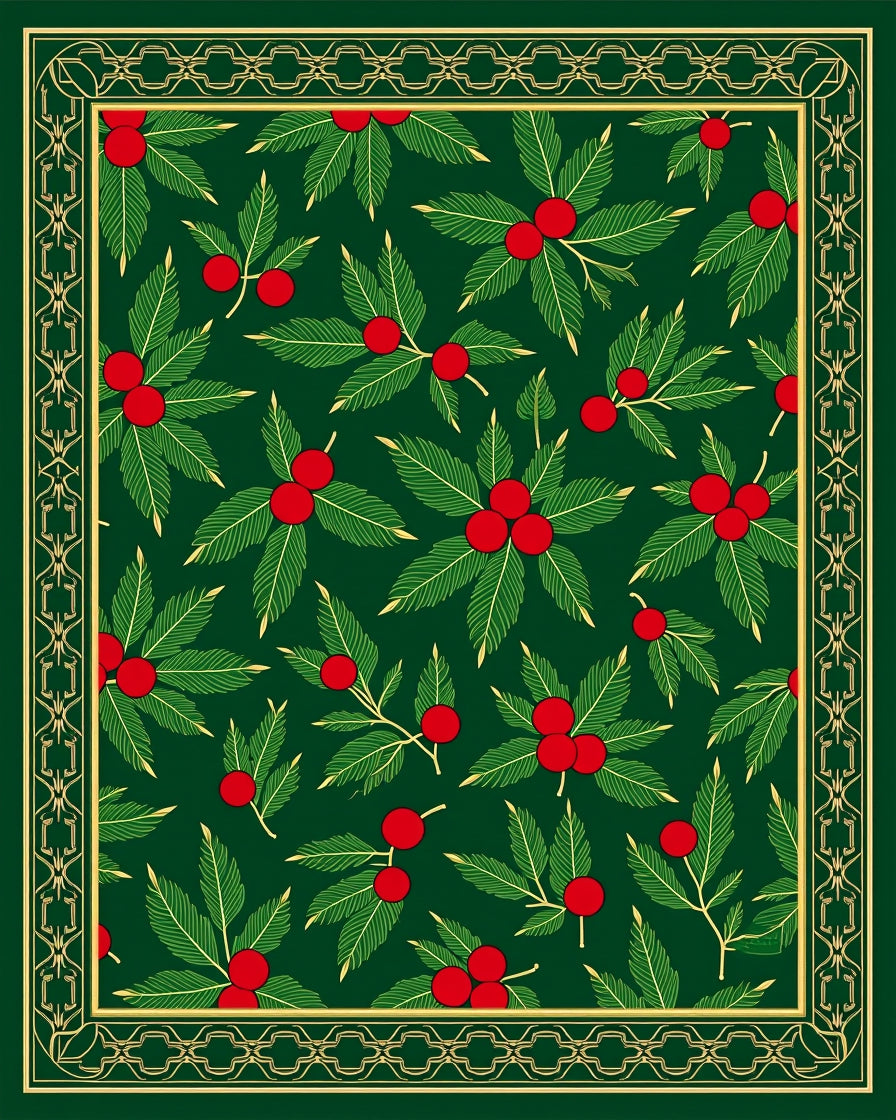 Festive Holly Berry Leaf Border Rug