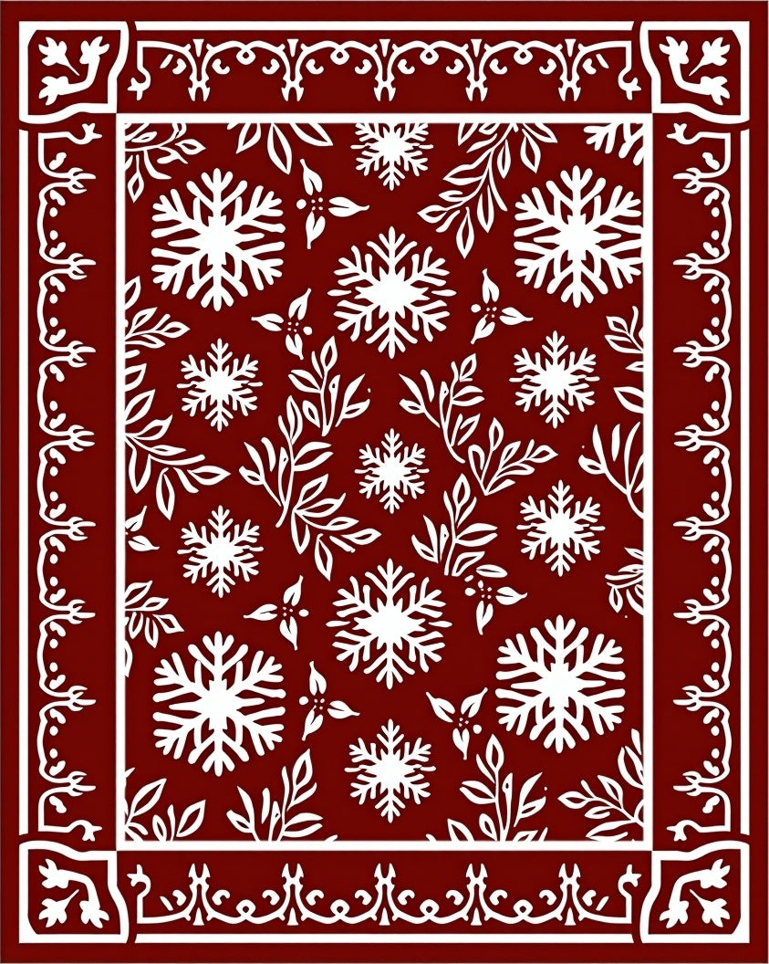 Crimson White Snowflake Botanical Border Rug