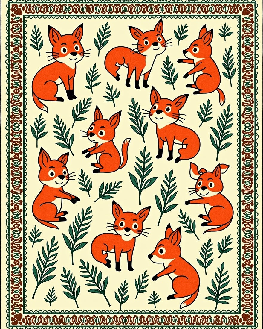 Whimsical Orange Fox Foliage Border Rug