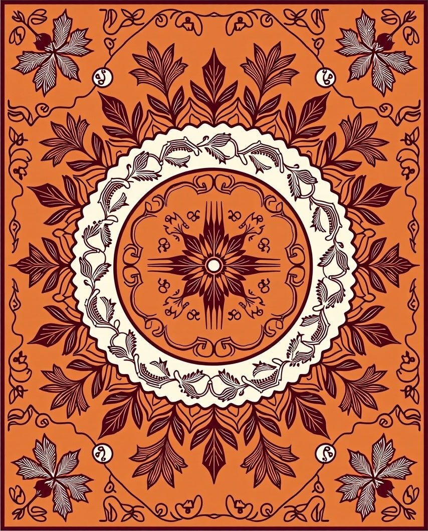 Crimson Floral Medallion on Orange Rug