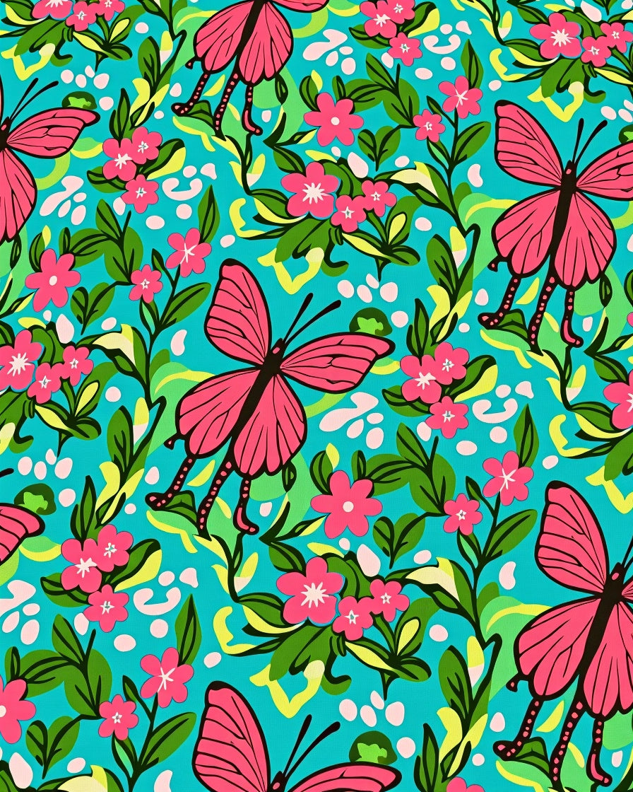 Vibrant Pink Butterfly Floral Garden Rug
