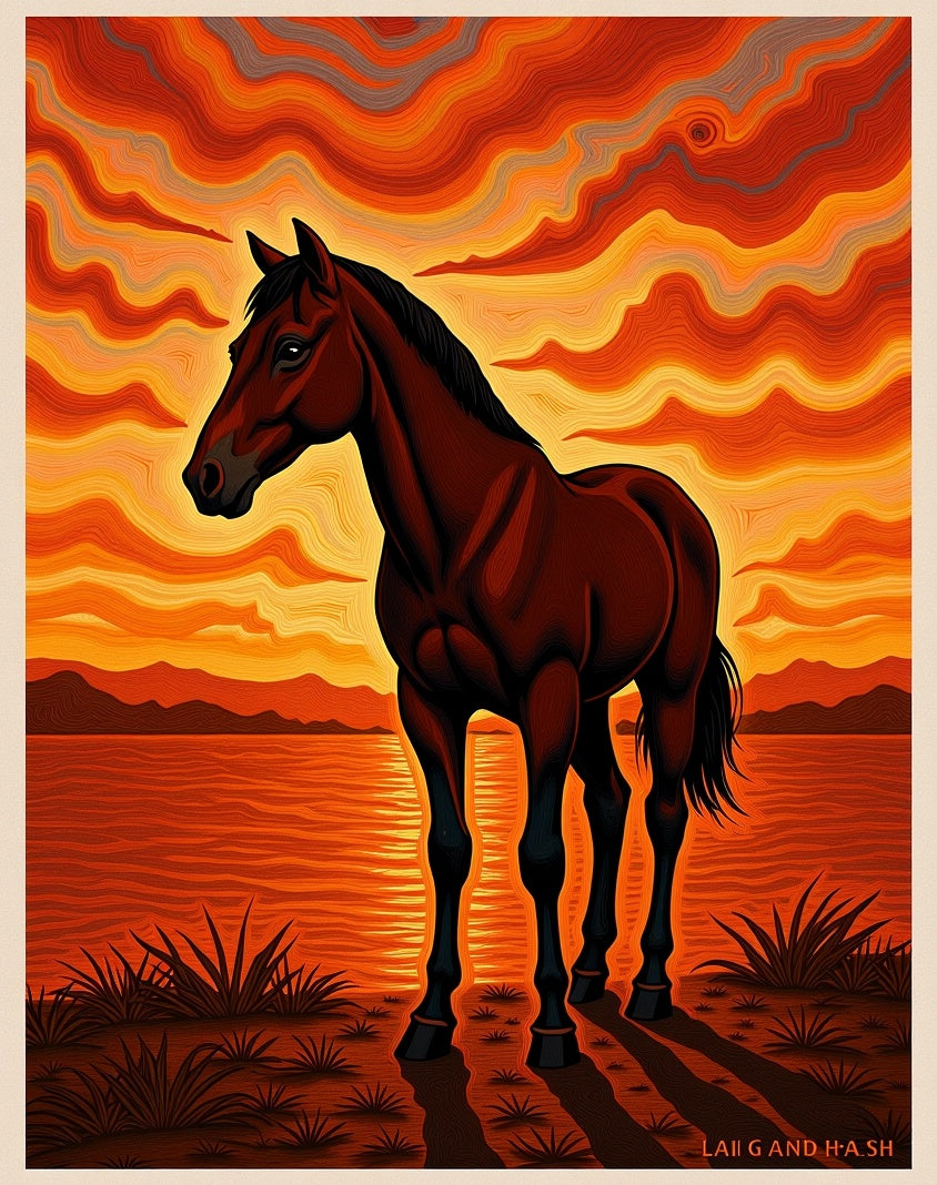 Crimson Horse Sunset Lake Vista Rug