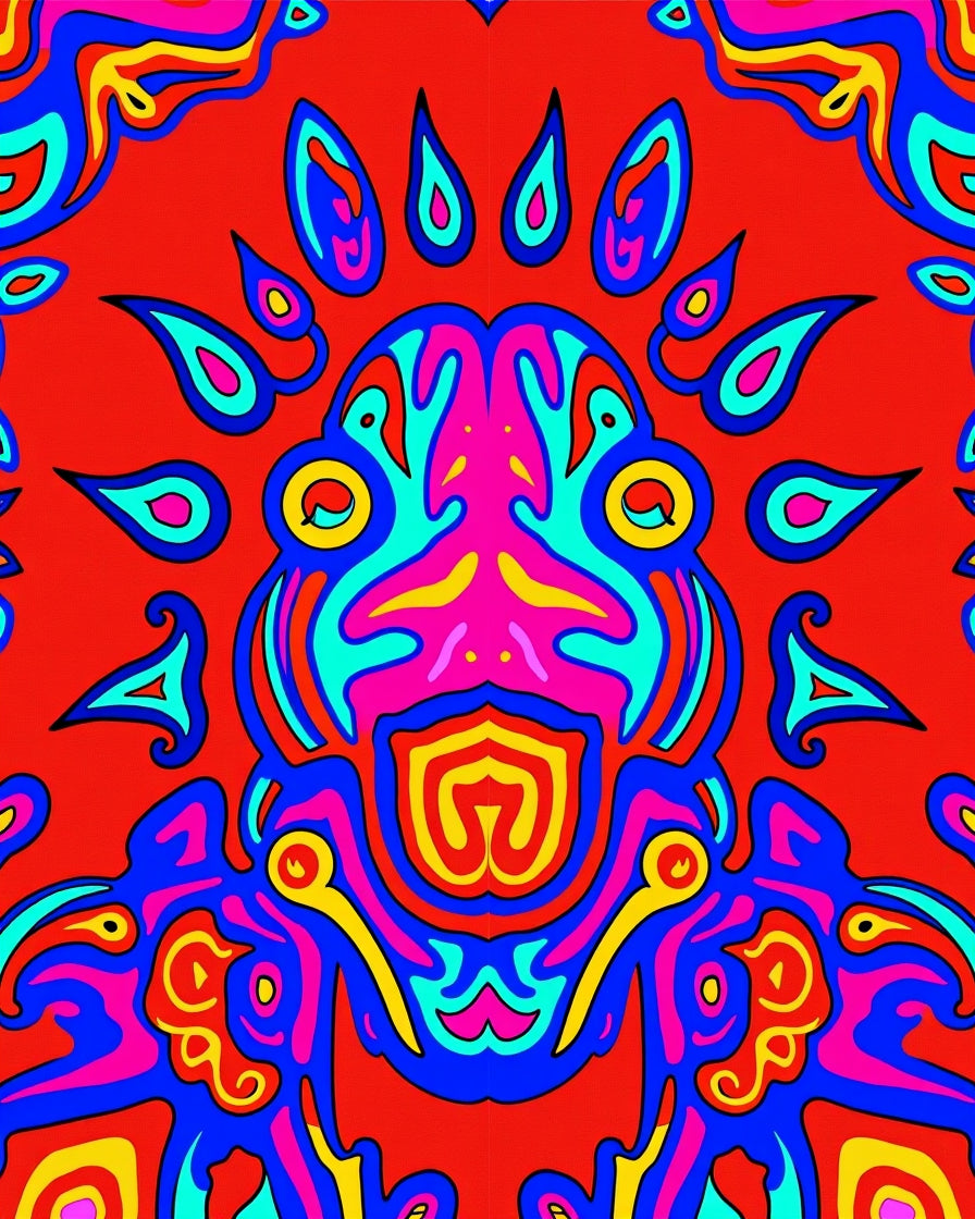 Vivid Red Psychedelic Abstract Face Rug