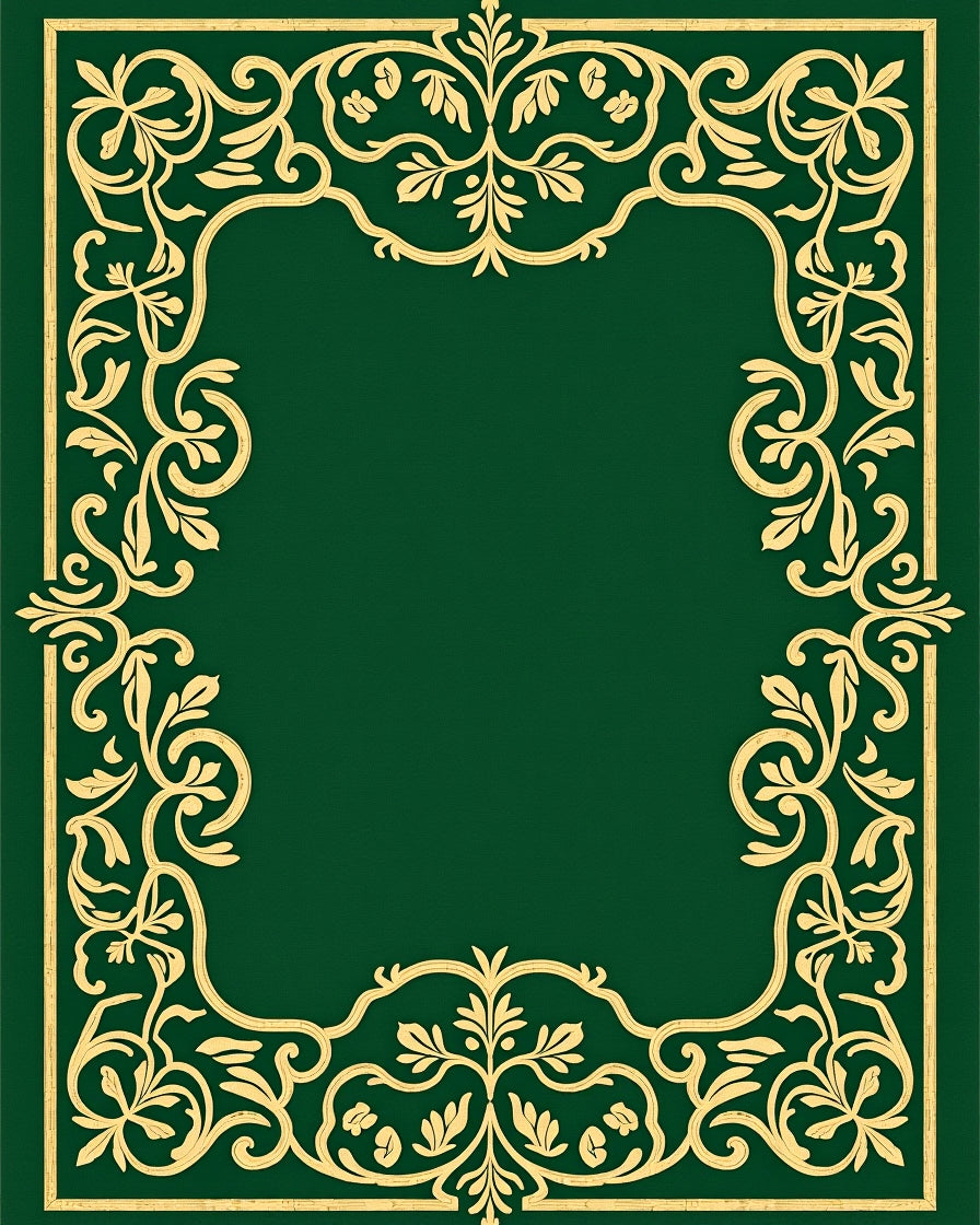 Ornate Golden Leaf Scroll Border Emerald Rug