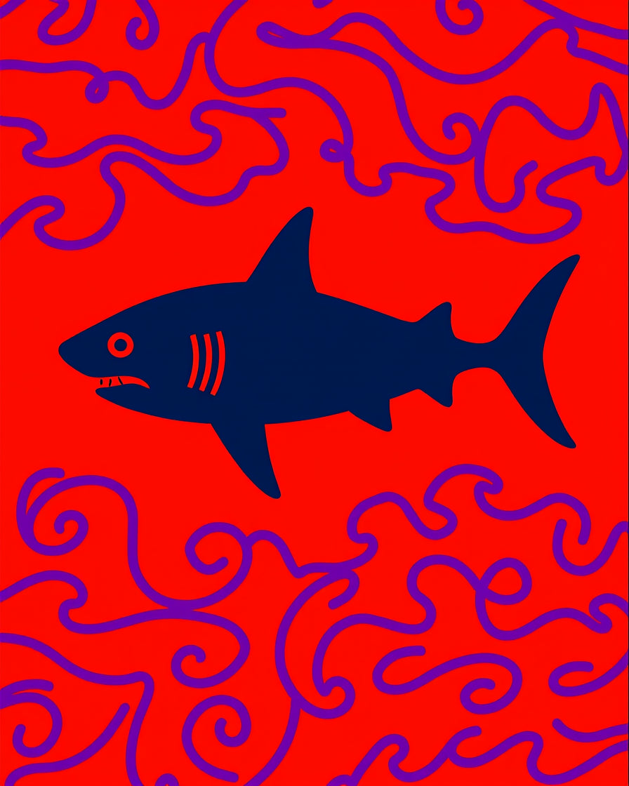 Bold Blue Shark Crimson Waves Rug