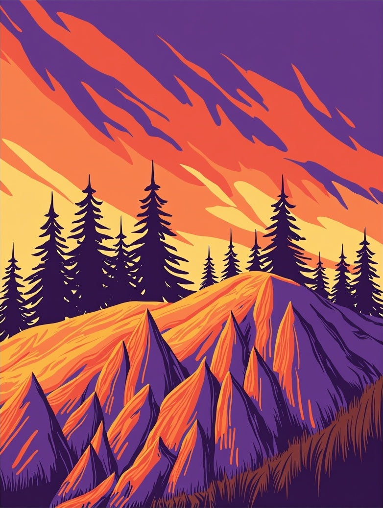 Sunset Peaks Forest Illustration Rug