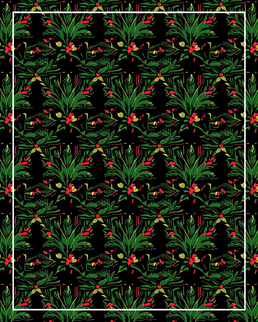 Vibrant Green Red Foliage Black Rug